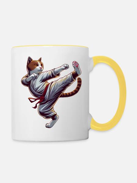 Coole Karate-Katze im Comic-Stil - Tasse zweifarbig - Weiß/Gelb