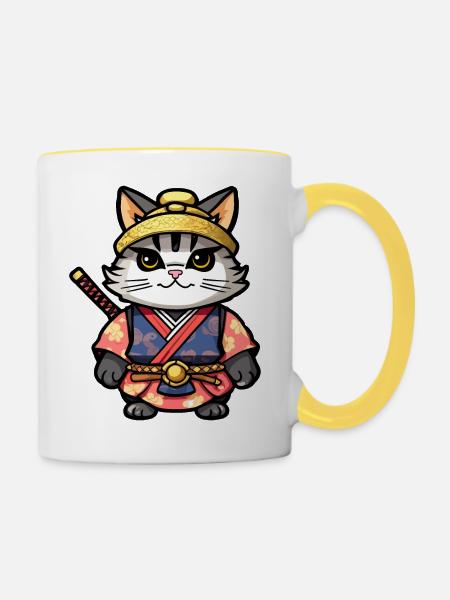 Samurai-Katze #13 - Tasse zweifarbig - Weiß/Gelb