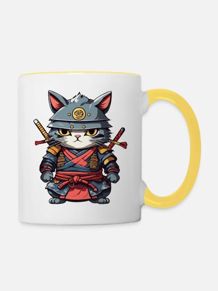 Samurai-Katze #17 - Tasse zweifarbig - Weiß/Gelb