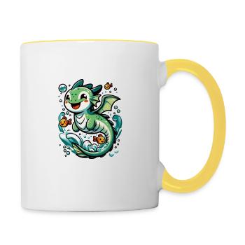 Grüner Wasserdrache - Abenteuer im Nass - Tasse zweifarbig - Weiß/Gelb - Rechts