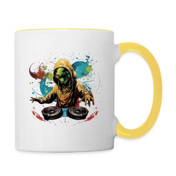 DJ Alien, Space Alien, DJ, Alien, Dessin animé, Espace, - Mug contrasté - blanc/jaune - Droite