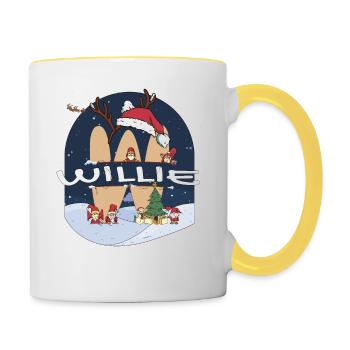 Toller Willie-Name mit Weihnachtsmütze im Weihnachtsthema - Tasse zweifarbig - Weiß/Gelb - Rechts