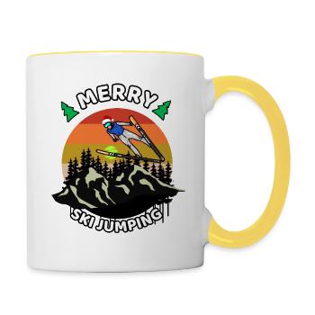 Weihnachts-T-Shirt mit Skisprung-Motiv - Tasse zweifarbig - Weiß/Gelb - Rechts