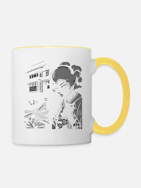 Style Manga de dessin animé : La vie japonaise d’une geisha - Mug contrasté - blanc/jaune