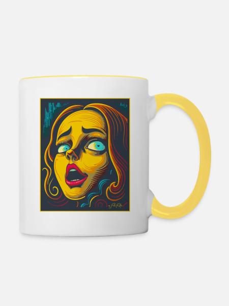 Holzschnitt-Cartoon der Angst - Tasse zweifarbig - Weiß/Gelb