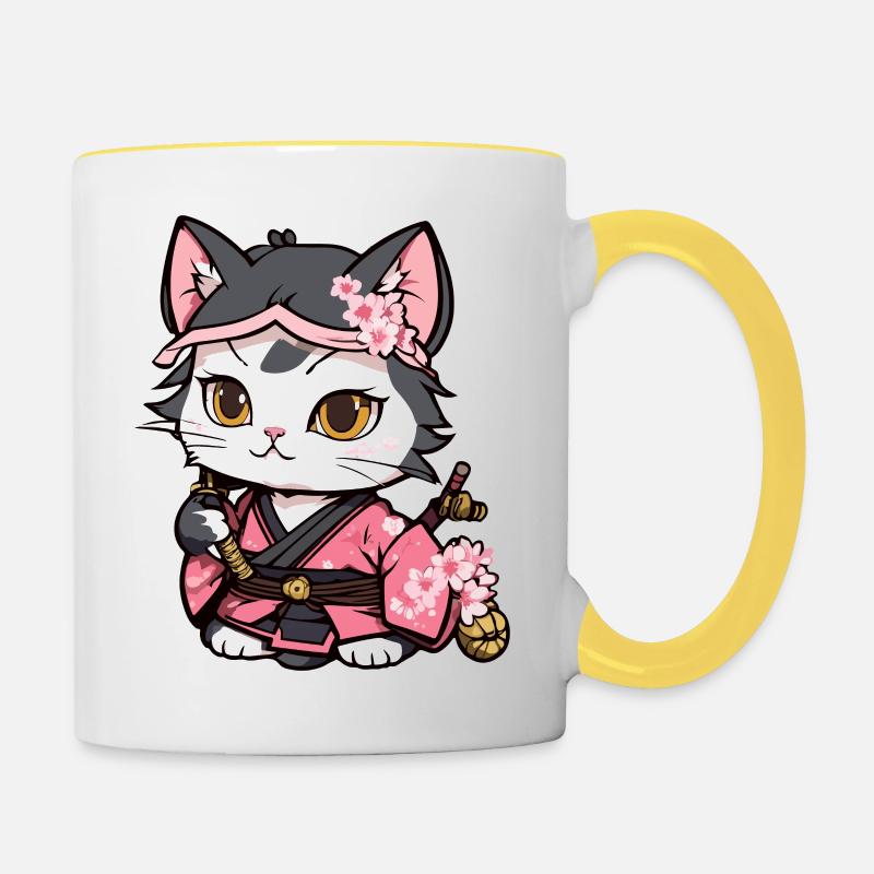 Samurai Cat & Cherry Blossoms #12 - Contrasting Mug - white/yellow