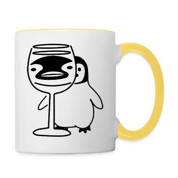 Pinguin hinter Weinglas - Tasse zweifarbig - Weiß/Gelb - Rechts