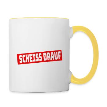 Letzter Gedanke Scheiss Drauf Lustiges Geschenk - Tasse zweifarbig - Weiß/Gelb - Rechts