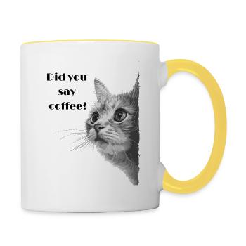 gray white cat asks for coffee - Contrasting Mug - white/yellow - Right