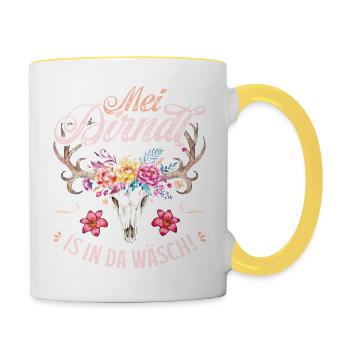 Trachtenshirt Damen Trachten T-Shirt Dirndl Ersatz - Tasse zweifarbig - Weiß/Gelb - Rechts