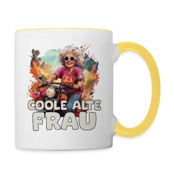 Coole Alte Frau lustige Oma auf Motorrad - Tasse zweifarbig - Weiß/Gelb - Rechts