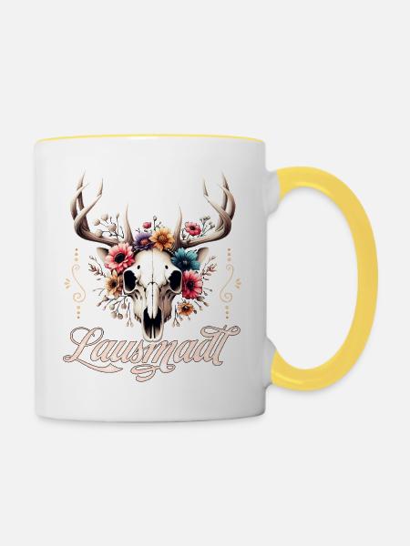 Lausmadl T-Shirt Damen Trachtenshirt Dirndl Ersatz - Tasse zweifarbig - Weiß/Gelb