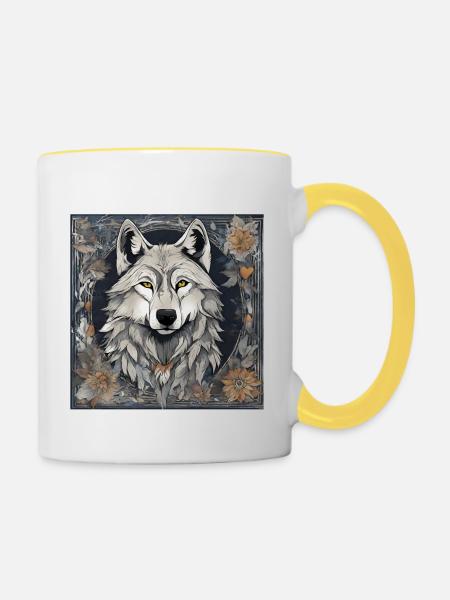Kunstvolles herbstliches Wolfsmotiv - Tasse zweifarbig - Weiß/Gelb