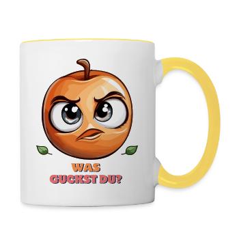 Was guckst du lustiger Pfirsich - Tasse zweifarbig - Weiß/Gelb - Rechts