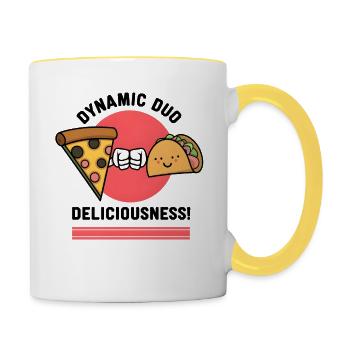 Pizza Taco Fist Bump: Dynamisches Duo der Köstlichkeit - Tasse zweifarbig - Weiß/Gelb - Rechts