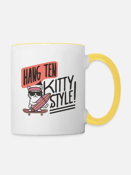 KATZE. SKATE-BRETT. SURFEN - Tasse zweifarbig - Weiß/Gelb