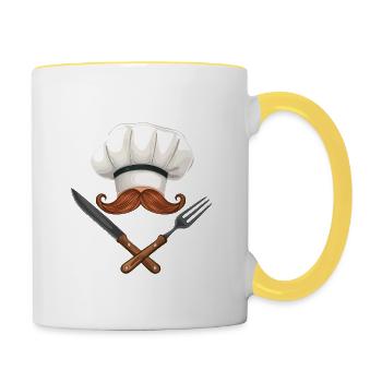 Mit Schnurrbart und Kochmütze: Der gekreuzte Küche - Tasse zweifarbig - Weiß/Gelb - Rechts