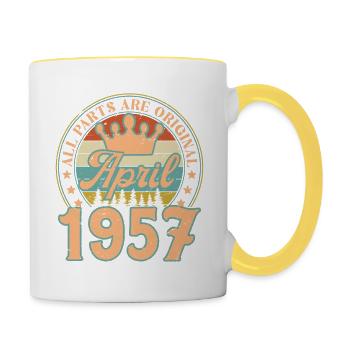 April 1957. April 1957 Geburtstagsgeschenk April - Tasse zweifarbig - Weiß/Gelb - Rechts