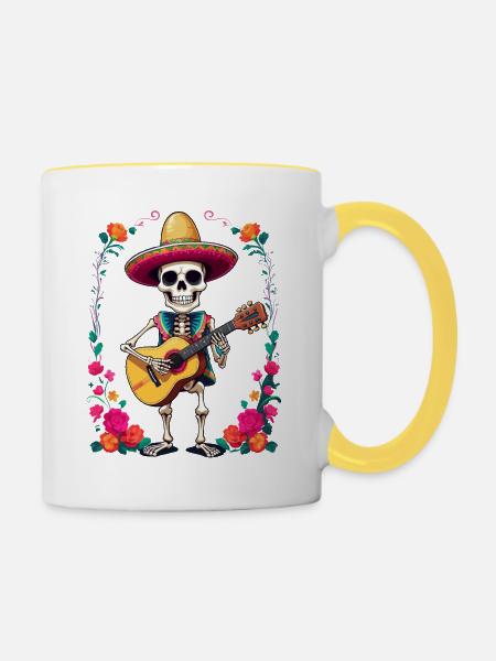 Mexikanischer Mariachi Skelett Gitarrist - Tasse zweifarbig - Weiß/Gelb