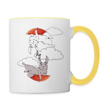 Hase Hasen Kaninchen Regenschirm fliegen träumen - Tasse zweifarbig - Weiß/Gelb - Rechts