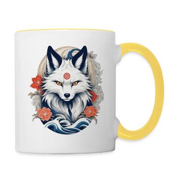 Weißer Kitsune Fuchs Japanische Kirschblüten - Tasse zweifarbig - Weiß/Gelb - Rechts