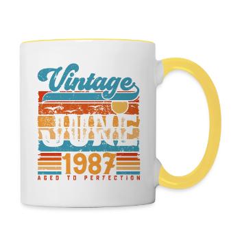 Juni 1987, Vintage-Jubiläumsgeschenk Juni 1987. - Tasse zweifarbig - Weiß/Gelb - Rechts