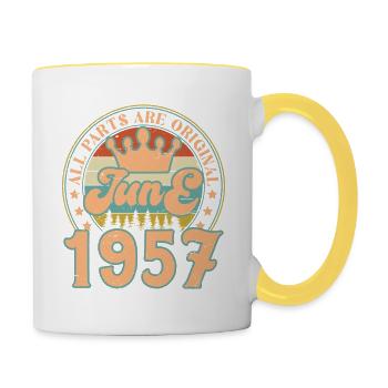 Juni 1957. Juni 1957 Geburtstagsgeschenk. Juni - Tasse zweifarbig - Weiß/Gelb - Rechts