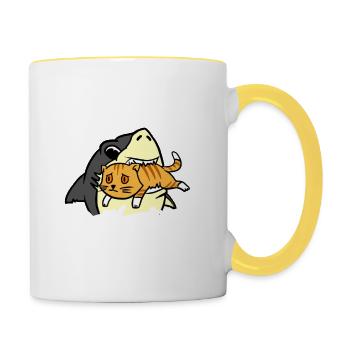 Hai essen Kätzchen T-Shirt Lustiger Hai Und Katze - Tasse zweifarbig - Weiß/Gelb - Rechts