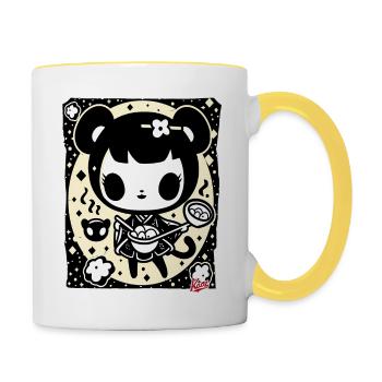 Crazy vintage cartoon girl cooking ramen - Contrasting Mug - white/yellow - Right