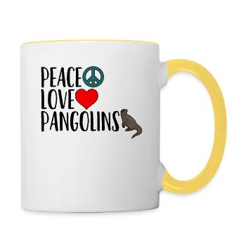 Frieden Liebe Schuppentiere T-Shirt Ameisenbär Tier Humor - Tasse zweifarbig - Weiß/Gelb - Rechts