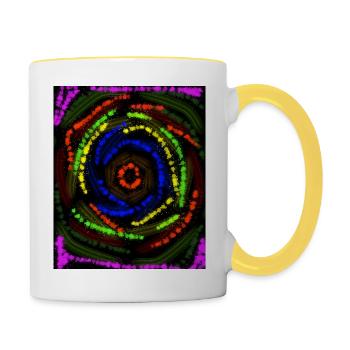 Konzentrische farbige Linien, abstrakte Zeichnung - Tasse zweifarbig - Weiß/Gelb - Rechts
