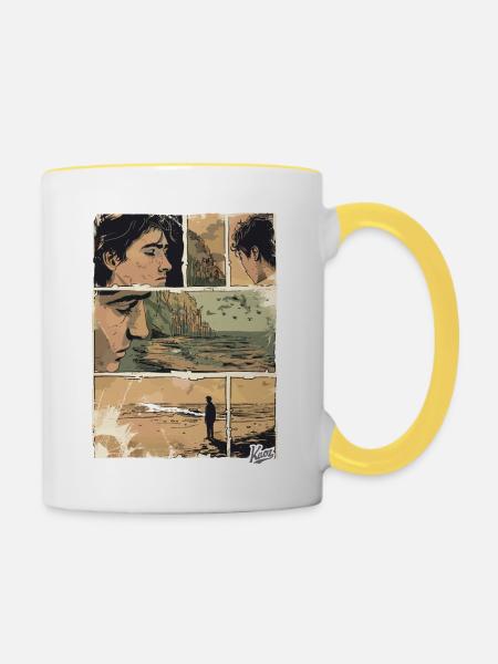 Comic der Einsamkeit am Strand - Tasse zweifarbig - Weiß/Gelb