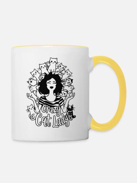 Verrückte Katzendame - Tasse zweifarbig - Weiß/Gelb