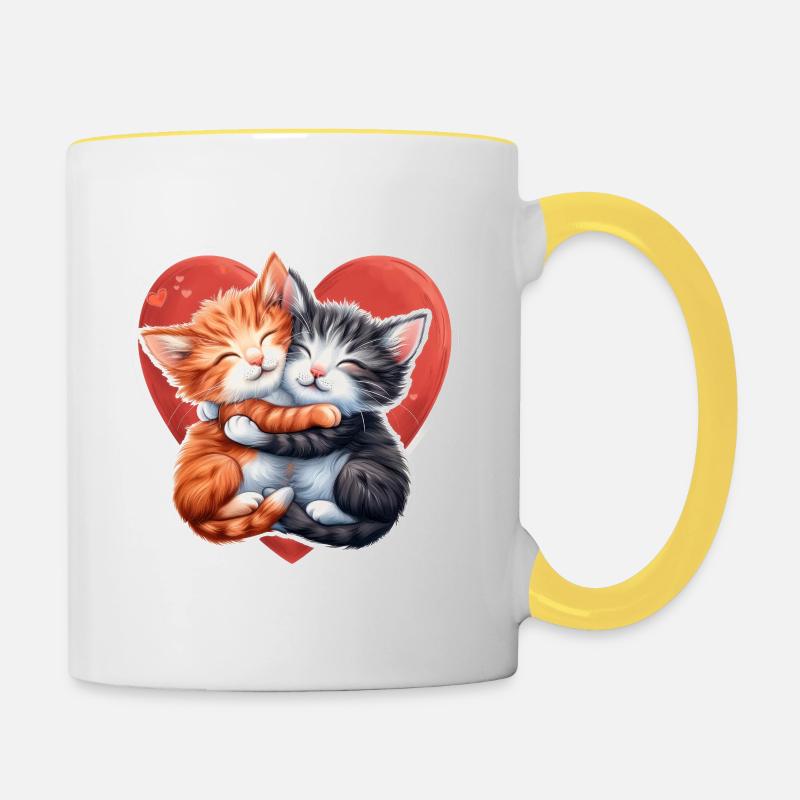 Two Kittens Hugging Inside Heart - Contrasting Mug - white/yellow