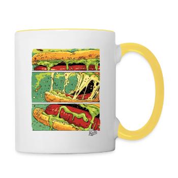 Planches BD : Saucisse monstre au fromage dans un petit pain - Mug contrasté - blanc/jaune - Droite