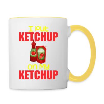 Ich habe Ketchup auf mein Ketchup Tee Kostüm Tomate DIY aufgetragen - Tasse zweifarbig - Weiß/Gelb - Rechts