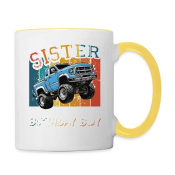 Schwester des Geburtstagskindes Monster Truck Party - Tasse zweifarbig - Weiß/Gelb - Rechts