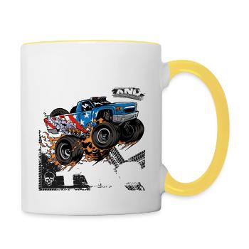 Jung, wild und zwei - Monster Truck zum 2. Geburtstag - Tasse zweifarbig - Weiß/Gelb - Rechts