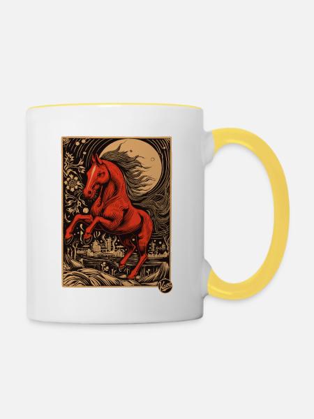 Holzschnitt, ein rotes Pferd - Tasse zweifarbig - Weiß/Gelb