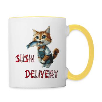 Chat avec du poisson dans la gueule - Mug contrasté - blanc/jaune - Droite