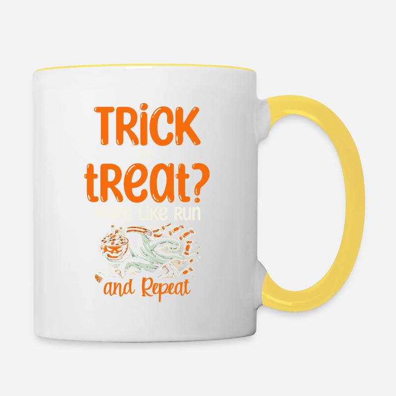 Trick or treat, rather run and repeat, Halloween - Contrasting Mug - white/yellow
