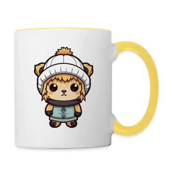 Lion Hiver Animal Bébé Bande Dessinée - Mug contrasté - blanc/jaune - Droite