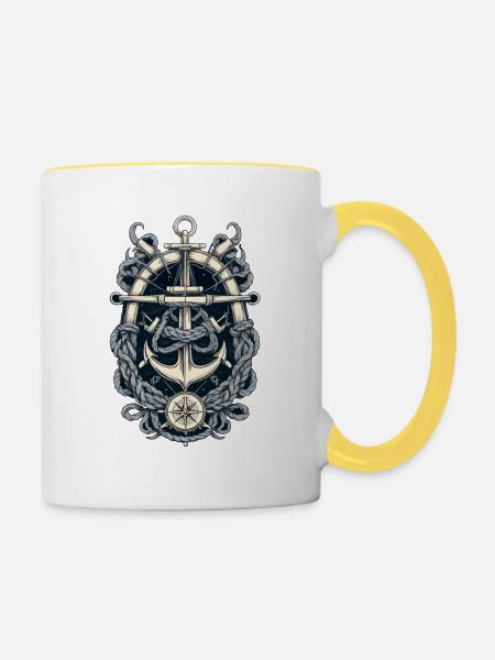 Ästhetisches Anker Design - Tasse zweifarbig - Weiß/Gelb
