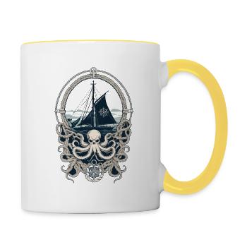 Krake Seeungeheuer Hobby Fischer Seefahrer - Tasse zweifarbig - Weiß/Gelb - Rechts
