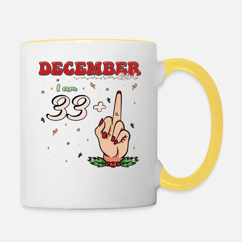 Dezember Mädchen 33 + Flip Off | Heftiger 34. Platz - Tasse zweifarbig - Weiß/Gelb