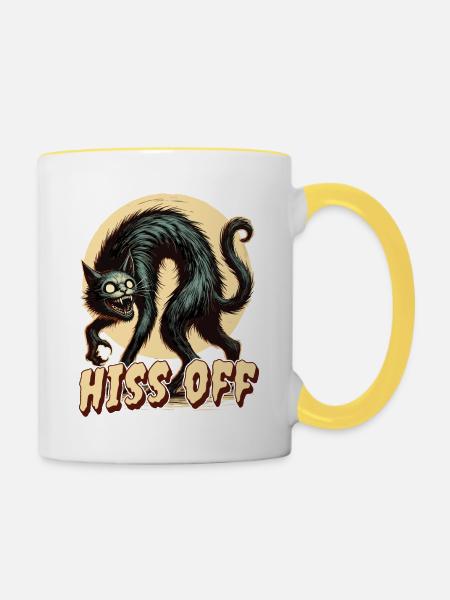 Gruselige Katzenkunst Hiss Off - Tasse zweifarbig - Weiß/Gelb