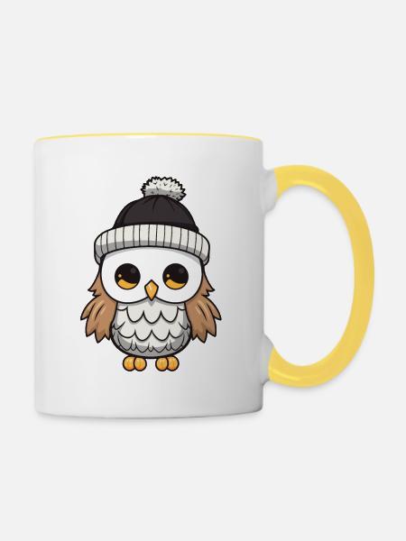Eule Winter Comic Mütze - Tasse zweifarbig - Weiß/Gelb