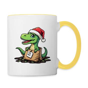 Tea Rex Dinosaurier Weihnachtsmann Mütze - Tasse zweifarbig - Weiß/Gelb - Rechts
