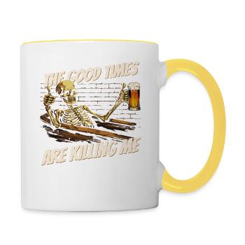 Die guten Zeiten bringen mich um - Funny Skull - Tasse zweifarbig - Weiß/Gelb - Rechts