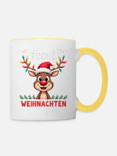 Rentier Frohe Weihnachten – Lustiges Design - Tasse zweifarbig - Weiß/Gelb